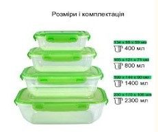 Набор герметичных квадратных контейнеров с цветными крышками 4 шт 400/800/1400/2300мл 94088